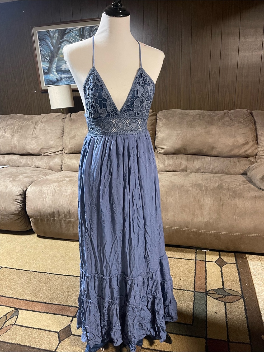 Windsor Dusty Blue Crochet Bodice Maxi Dress
